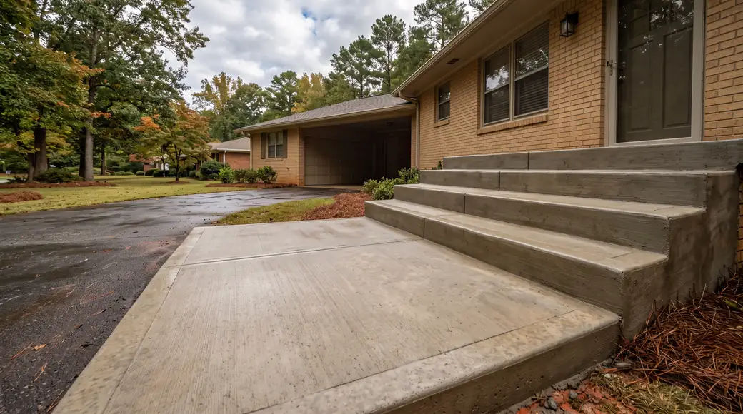 Poured concrete front steps rising to a landing at the front door at a buff-brick ranch home in Marietta, GA, after a rain shower.
