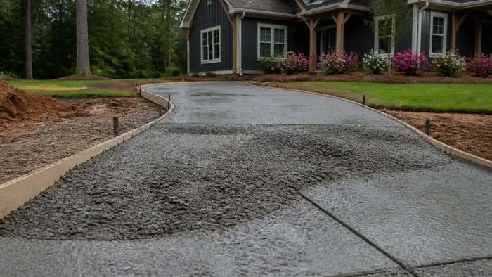A ready-mix truck discharges concrete into a driveway form. at a charcoal farmhouse-modern home in Marietta, GA, under a darkening storm sky.