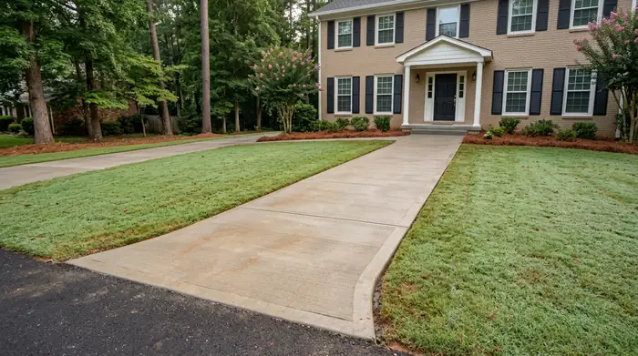 Concrete walkway meeting the driveway apron and front steps at a tan-brick colonial in Marietta, GA, in early morning light.