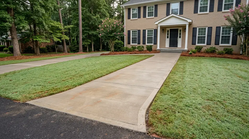 Concrete walkway meeting the driveway apron and front steps at a tan-brick colonial in Marietta, GA, in early morning light.