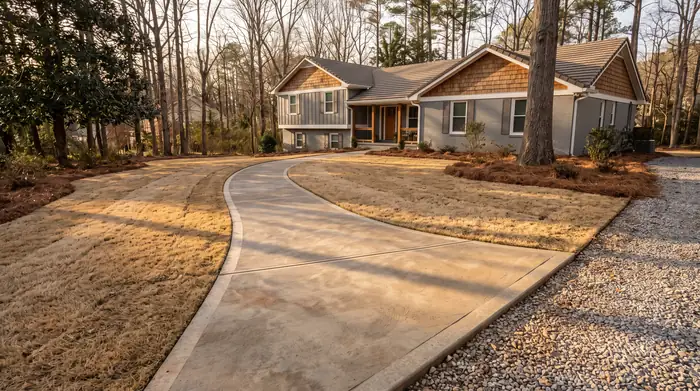 Curving concrete walkway crossing a front yard at a grey split-level home in Marietta, GA, in late afternoon light.