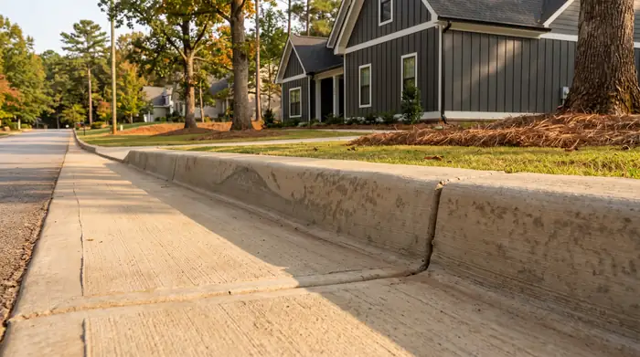 Concrete curb and gutter along a residential street at a charcoal farmhouse-modern home in Marietta, GA, in late afternoon light.