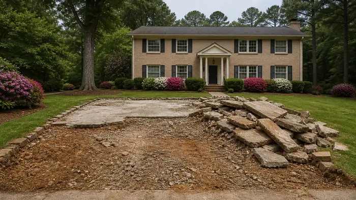 An old patio slab is broken up and hauled away. at a tan-brick colonial in Marietta, GA, under a hazy afternoon sky.