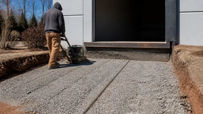 Loading dock apron broken out with the subgrade compacted in Marietta, GA, in clear late-morning sun.