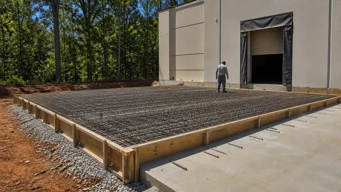 Heavy dock slab formed with a doubled rebar mat before the pour in Marietta, GA, in clear late-morning sun.