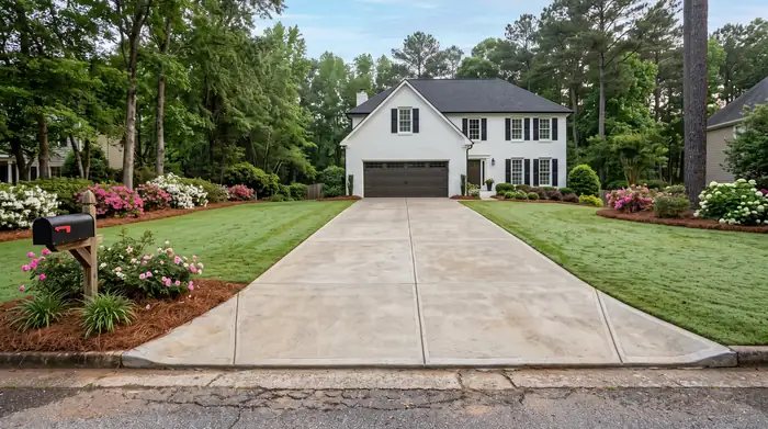 Wide concrete driveway viewed from the street toward the garage at a painted-white-brick two-story home in Marietta, GA, in early morning light.