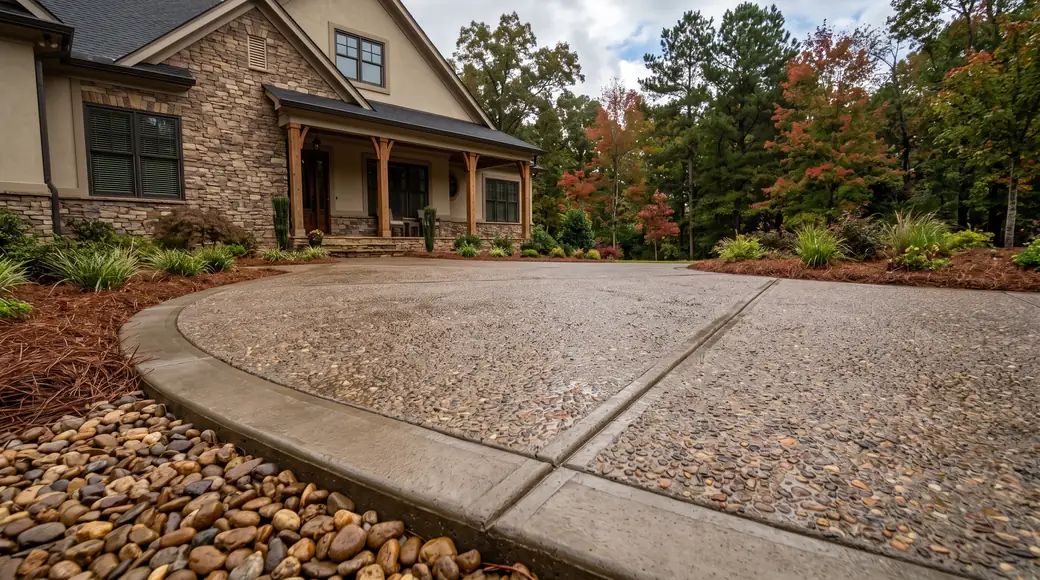 Exposed aggregate concrete driveway showing washed river-rock stone at a stacked-stone and stucco home in Marietta, GA, after a rain shower.
