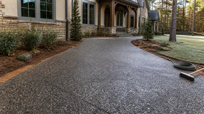 Newly washed exposed aggregate driveway with the stone just revealed at a stacked-stone and stucco home in Marietta, GA, in early morning light.