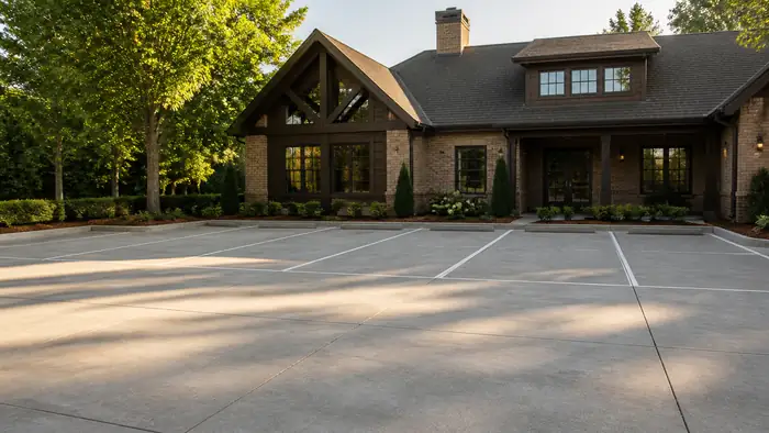 New parking concrete cured and freshly striped into bays in Marietta, GA, in late afternoon light.