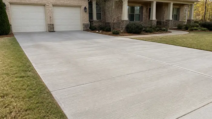 Cured driveway swept clean with the forms stripped away at a brick-and-siding two-story home in Marietta, GA, under bright midday cloud.