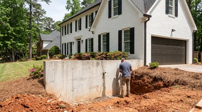 Foundation wall crack being repaired with an injection port at a painted-white-brick two-story home in Marietta, GA, under bright midday cloud.