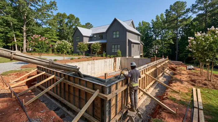 Concrete being poured into foundation wall forms at a charcoal farmhouse-modern home in Marietta, GA, in clear late-morning sun.