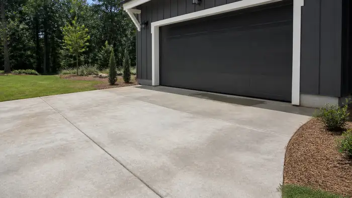 Settled garage approach slab the estimate would price to replace at a charcoal farmhouse-modern home in Marietta, GA, in clear late-morning sun.
