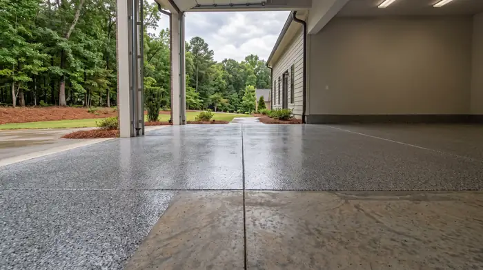 Epoxy-coated garage floor with speckled grey and charcoal flakes in Marietta, GA, after a rain shower.