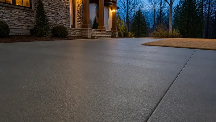A hand trowel smooths a small patio surface to a hard finish. at a stacked-stone and stucco home in Marietta, GA, at blue hour.