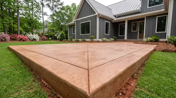 Concrete patio in terracotta integral colour running full depth at a charcoal farmhouse-modern home in Marietta, GA, under an overcast sky.