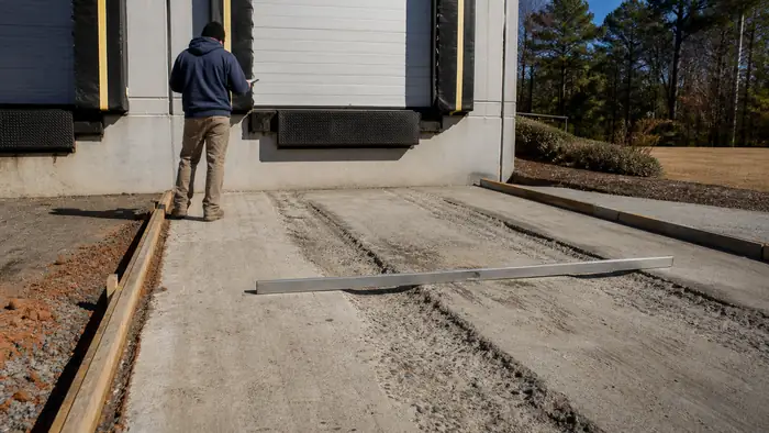 Loading dock apron inspected where truck traffic has broken the slab in Marietta, GA, in clear late-morning sun.