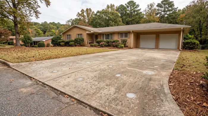 Concrete slab leveled with small patched holes from mudjacking at a buff-brick ranch home in Marietta, GA, under bright midday cloud.