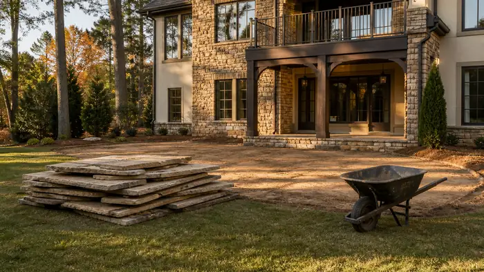 Old patio broken into slabs and stacked ready to be carried out at a stacked-stone and stucco home in Marietta, GA, in late afternoon light.