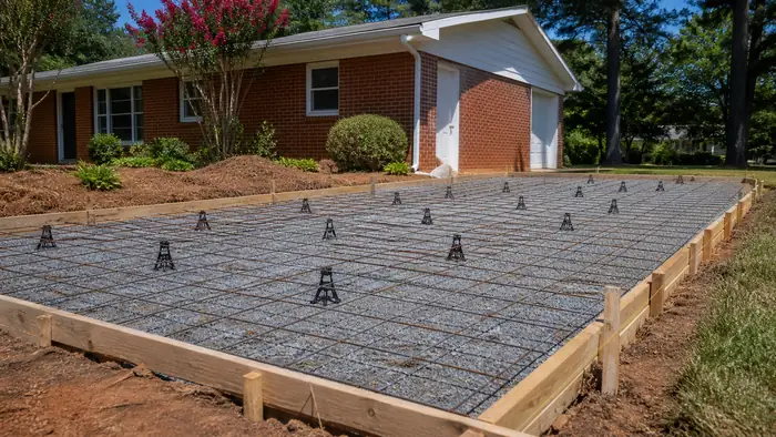 Patio forms squared up with reinforcing mesh on chairs at a red-brick ranch home in Marietta, GA, in clear late-morning sun.
