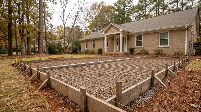 Concrete patio formed and prepped, base and rebar visible before the pour at a tan-brick colonial in Marietta, GA, under an overcast sky.