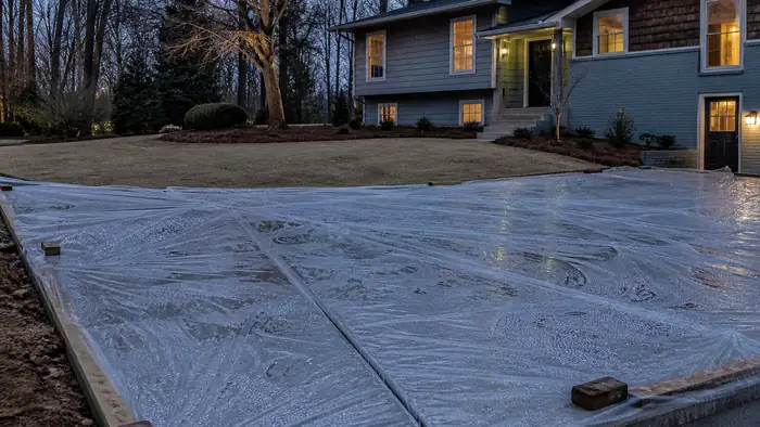 Plastic sheeting covers a curing driveway slab. at a grey split-level home in Marietta, GA, at blue hour.