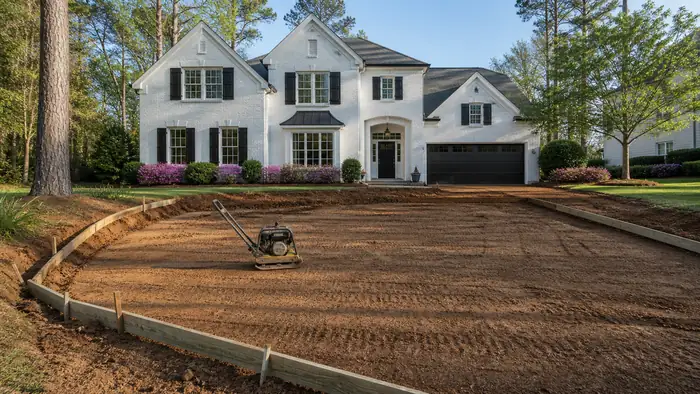 A plate compactor tamps down soil in a small excavated area. at a painted-white-brick two-story home in Marietta, GA, under low winter sun.