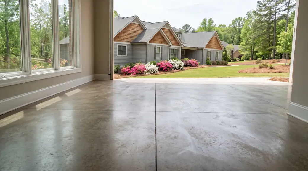 Polished concrete floor with a satin sheen in a finished interior room at a grey split-level home in Marietta, GA, under bright midday cloud.