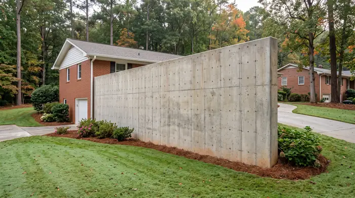 Tall poured concrete basement wall with snap-tie holes visible at a red-brick ranch home in Marietta, GA, in early morning light.