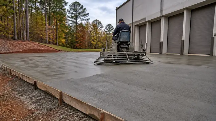 Dock slab power-trowelled to a hard dense surface in Marietta, GA, after a rain shower.
