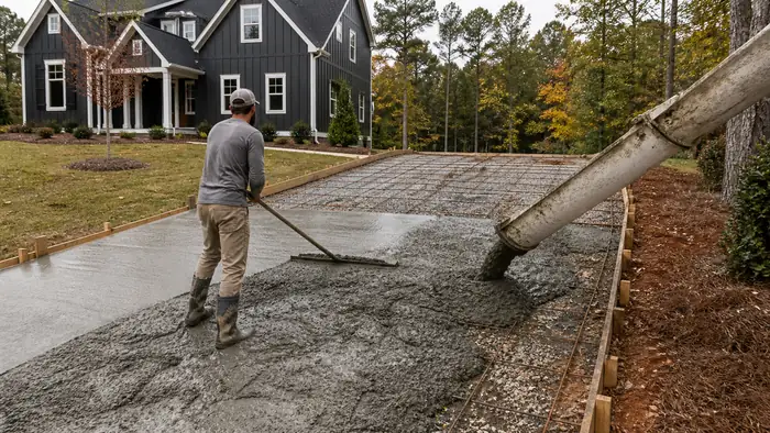 Concrete coming down the chute into formed driveway bays at a charcoal farmhouse-modern home in Marietta, GA, under an overcast sky.
