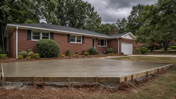 A screed board levels fresh concrete on a small patio. at a red-brick ranch home in Marietta, GA, under a darkening storm sky.