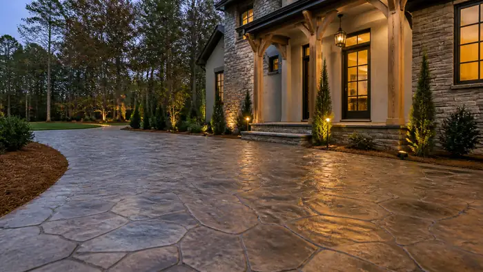 A finished stamped surface shows a glossy sealed sheen. at a stacked-stone and stucco home in Marietta, GA, at blue hour.
