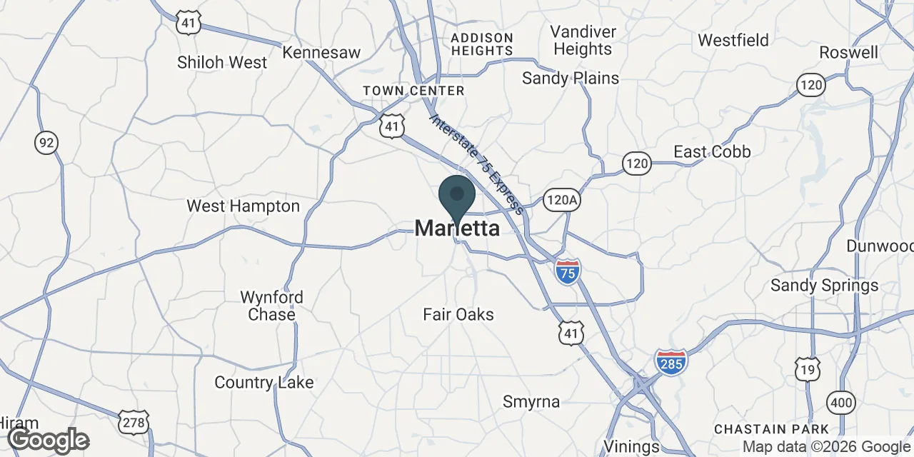 Map of the Marietta, GA service area covered by Marietta Professional Concrete.