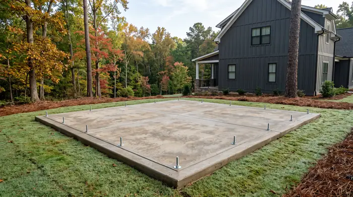 Small square concrete pad poured for a storage shed, anchor bolts set at a charcoal farmhouse-modern home in Marietta, GA, in early morning light.