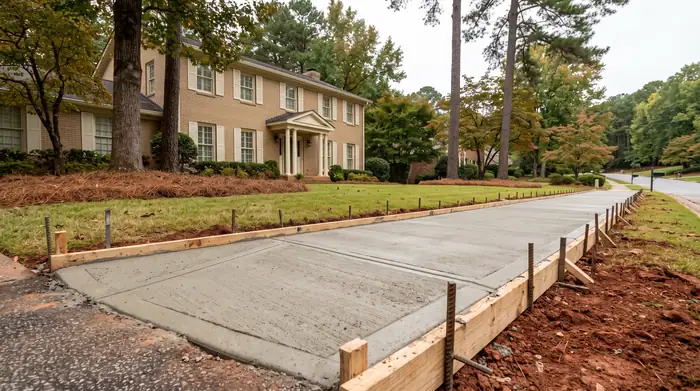 New concrete sidewalk being formed along a street with a driveway ramp at a tan-brick colonial in Marietta, GA, under an overcast sky.