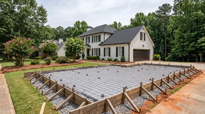 Concrete slab area formed and prepped, wire mesh set before the pour at a painted-white-brick two-story home in Marietta, GA, under bright midday cloud.