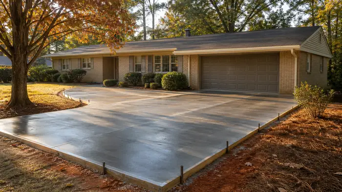 A hand sprayer applies curing compound to a finished patio. at a buff-brick ranch home in Marietta, GA, in late afternoon light.