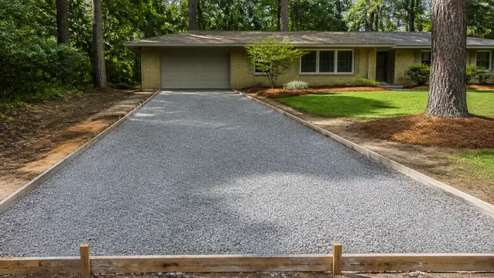 Crushed stone base is raked level inside driveway forms. at a buff-brick ranch home in Marietta, GA, in full afternoon sun.