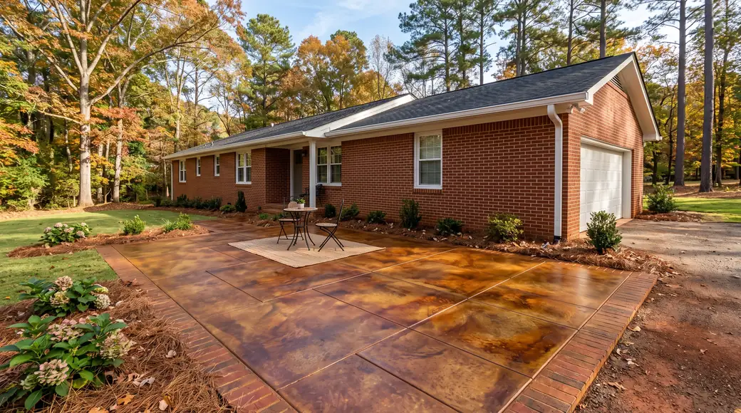 Acid-stained concrete patio in mottled earth tones at a red-brick ranch home in Marietta, GA, in clear late-morning sun.