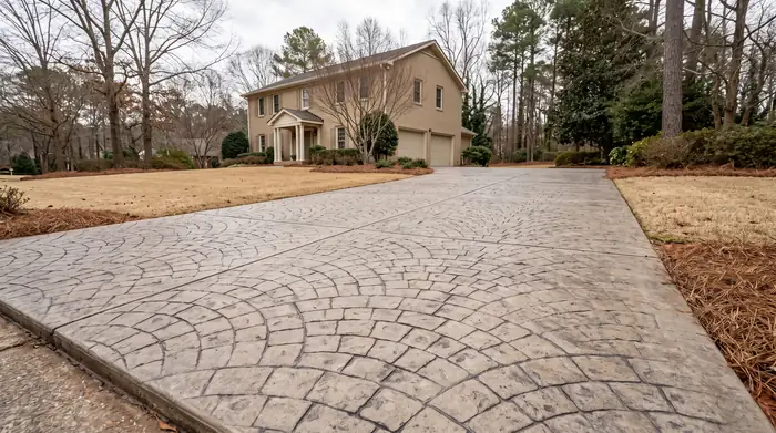 Stamped concrete driveway in a fan-set cobblestone pattern at a tan-brick colonial in Marietta, GA, under an overcast sky.
