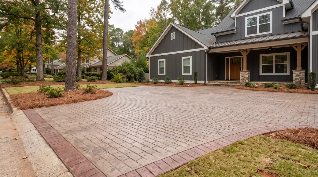 Stamped concrete patio in a running-bond brick pattern at a charcoal farmhouse-modern home in Marietta, GA, under an overcast sky.