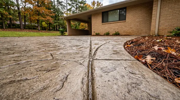 Close-up of stamped concrete texture and hand-tooled joint lines at a buff-brick ranch home in Marietta, GA, after a rain shower.
