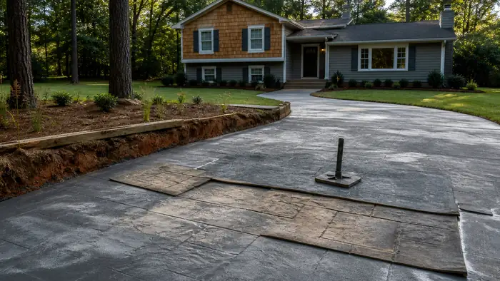 Stamping mats are pressed into a patio surface to imprint a pattern. at a grey split-level home in Marietta, GA, in early morning light.