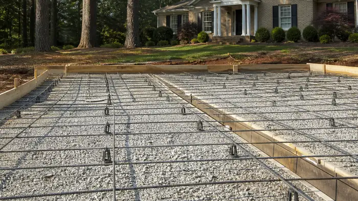 A worker ties rebar into a grid before a residential pour. at a tan-brick colonial in Marietta, GA, in raking morning side light.
