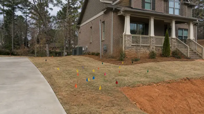 Utility flags mark buried lines before digging starts. at a brick-and-siding two-story home in Marietta, GA, under a hazy afternoon sky.