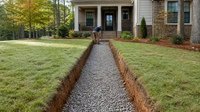 Front walkway removed and the trench squared out for a new pour at a brick-and-siding two-story home in Marietta, GA, in early morning light.