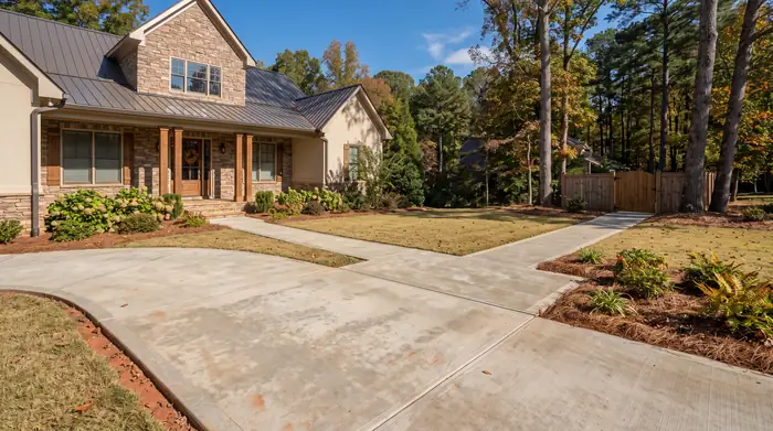 Concrete walkways connecting a driveway, front door and side gate at a stacked-stone and stucco home in Marietta, GA, in clear late-morning sun.