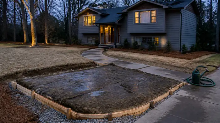 Damp burlap covers a small slab section during curing. at a grey split-level home in Marietta, GA, at blue hour.