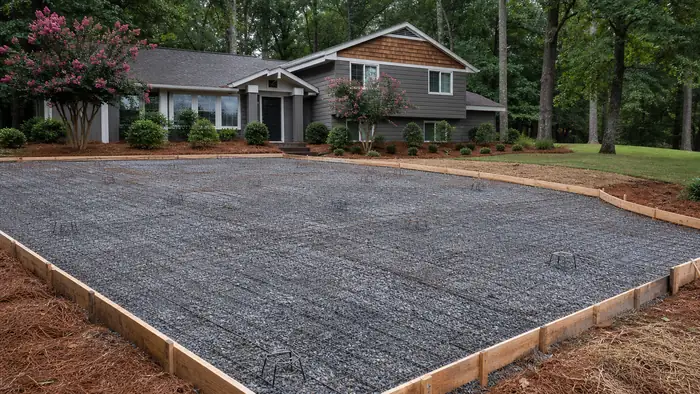 Wire mesh is unrolled across a driveway base before pouring. at a grey split-level home in Marietta, GA, after a rain shower.